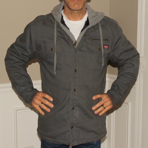 🤠 Wrangler Workwear Shirt Jacket Mens Large Gray Coat Snap Hoodie Shacket READ - Picture 1 of 12